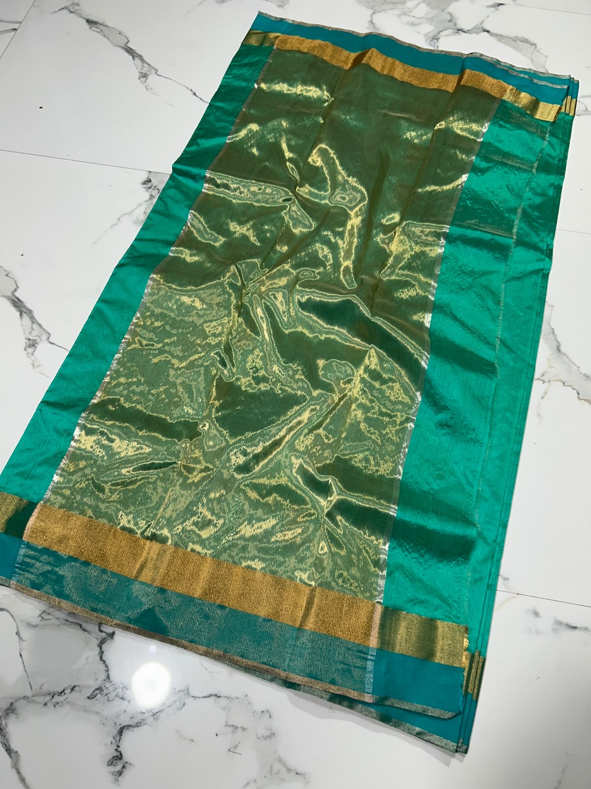 Handloom Turquoise Green Pattu Silk Chanderi saree, full drape with antique-gold border and pallu