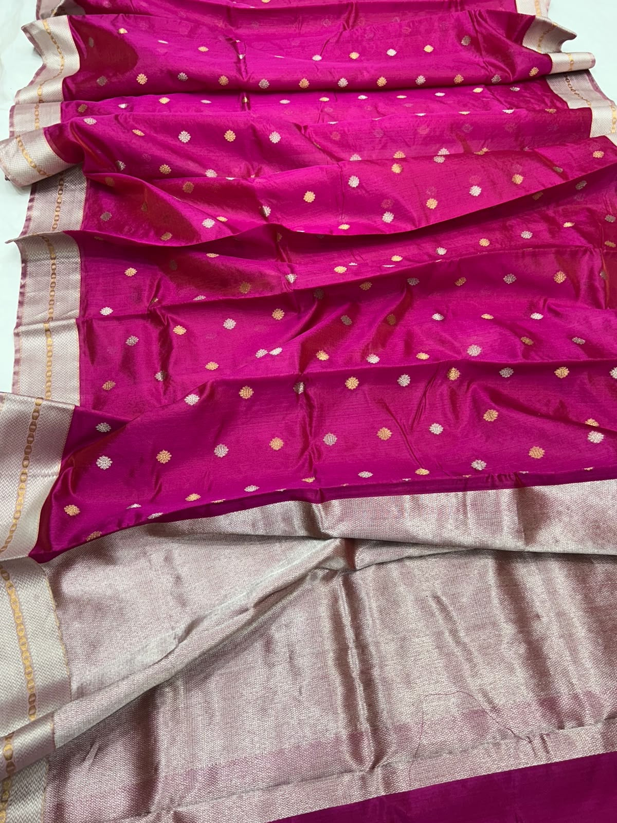 Handloom rani-pink Pattu Silk Chanderi saree