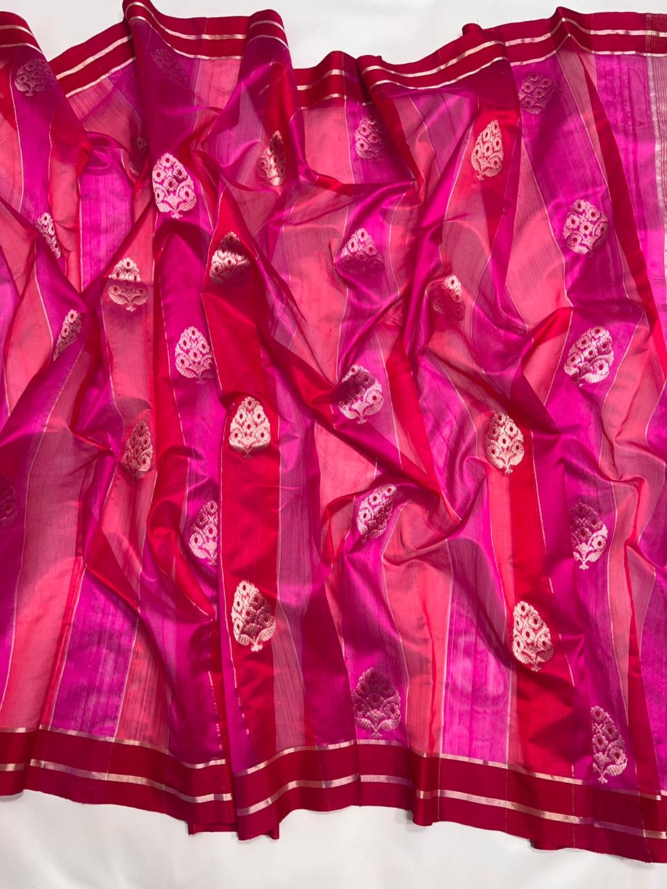 Ruby Silk Pure Silk Chanderi Saree neatly folded with Antique Gold Border