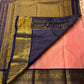 Full view rose pink Kanchipuram silk saree with navy and antique gold zari woven borders, shipped from New Jersey USA