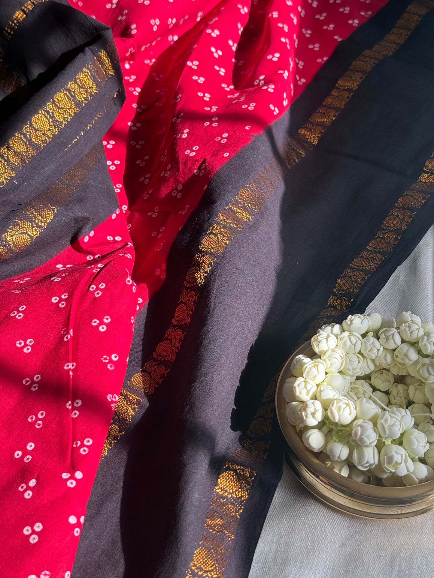 Authentic Madurai Sungudi handloom cotton saree with traditional wax-resist pattern — full view