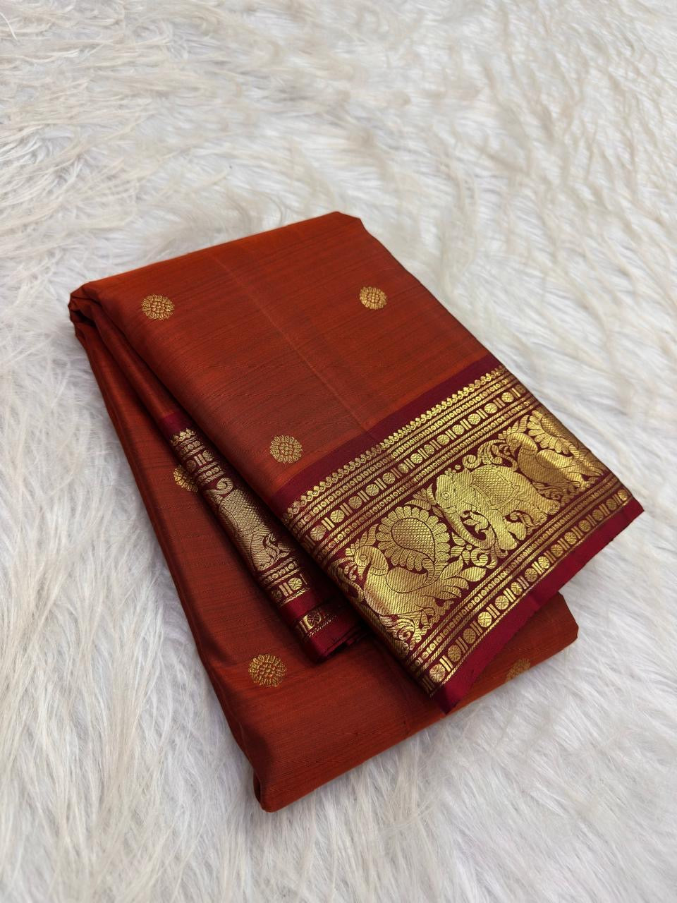 Semmann Terracotta Pure Silk Kanchipuram Peacock Butta Saree with Maroon Zari Border – view 5