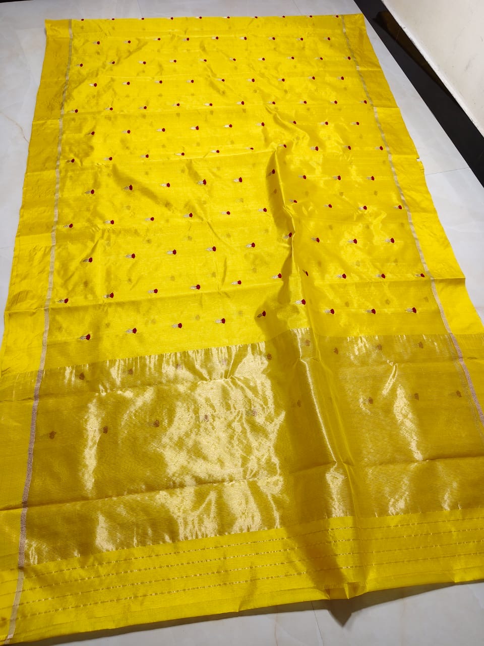 Handloom yellow Chanderi silk with red buttas