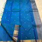 Handwoven peacock blue KanchiPattu silk saree detail, Silk Mark certified