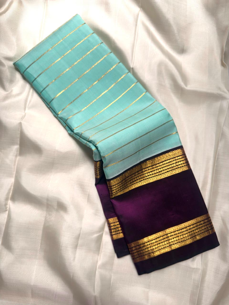 Fresh Aqua Blue pure silk KanchiPattu saree, Rettapet weave with Deep Aubergine border — full drape view