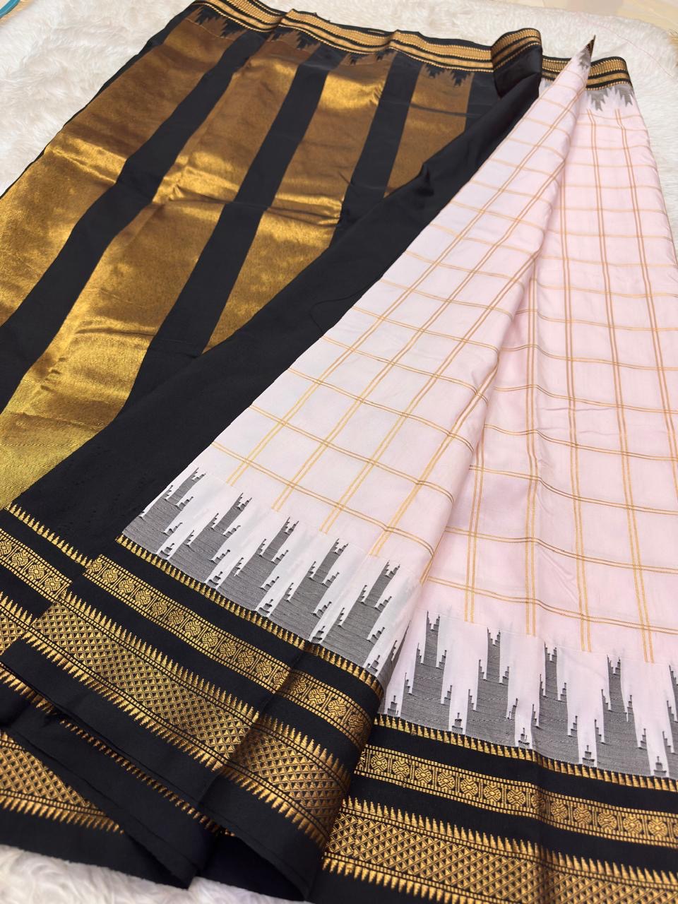 Handwoven lightweight Arani silk saree with traditional zari checks