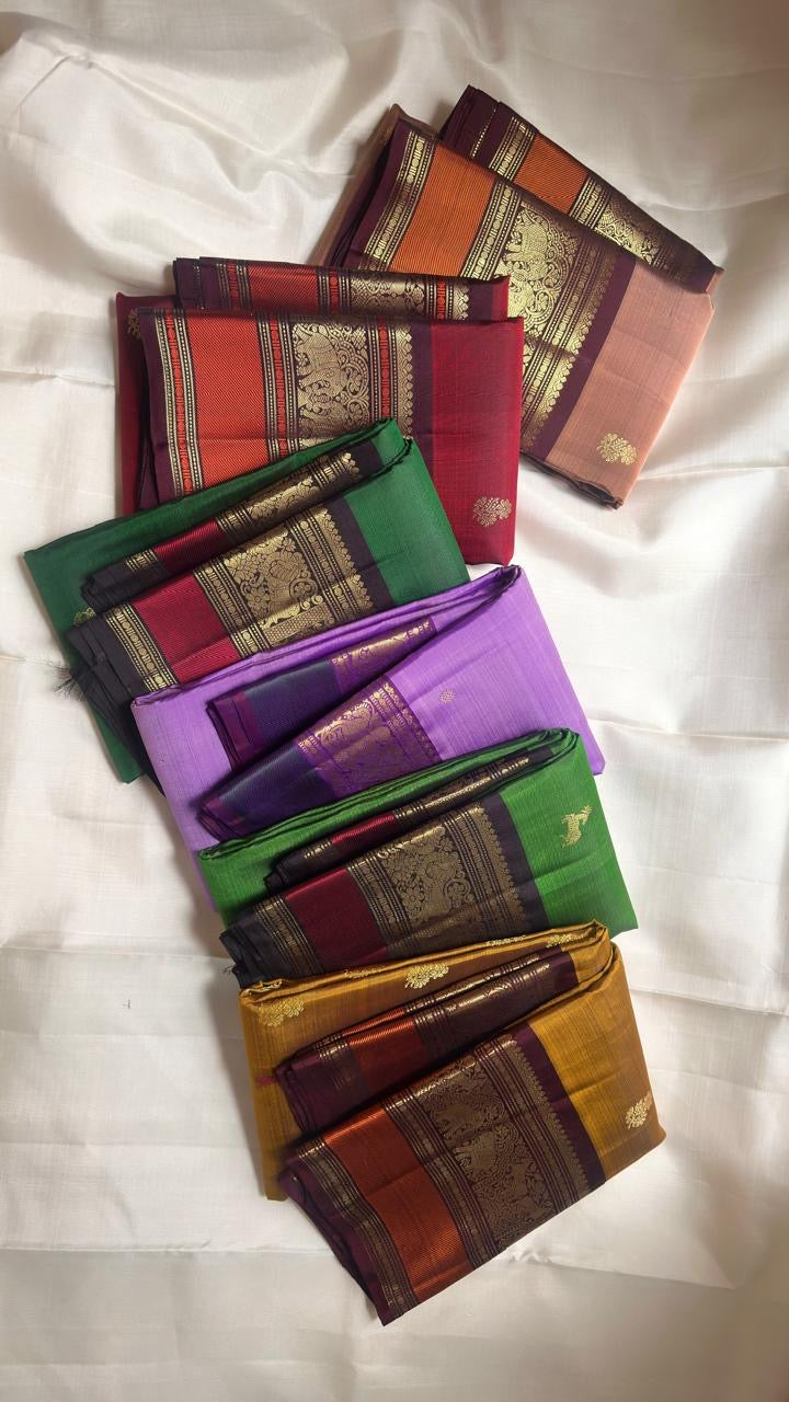 Biscuit Brown pure silk KanchiPattu saree, Butta weave with Deep Aubergine border — border detail