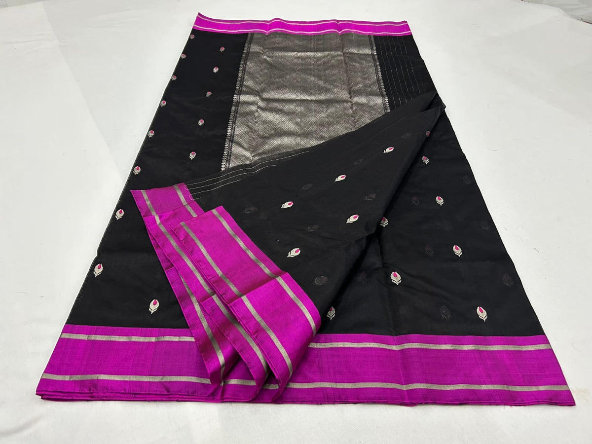 Handwoven black Chanderi saree with Rani pink border