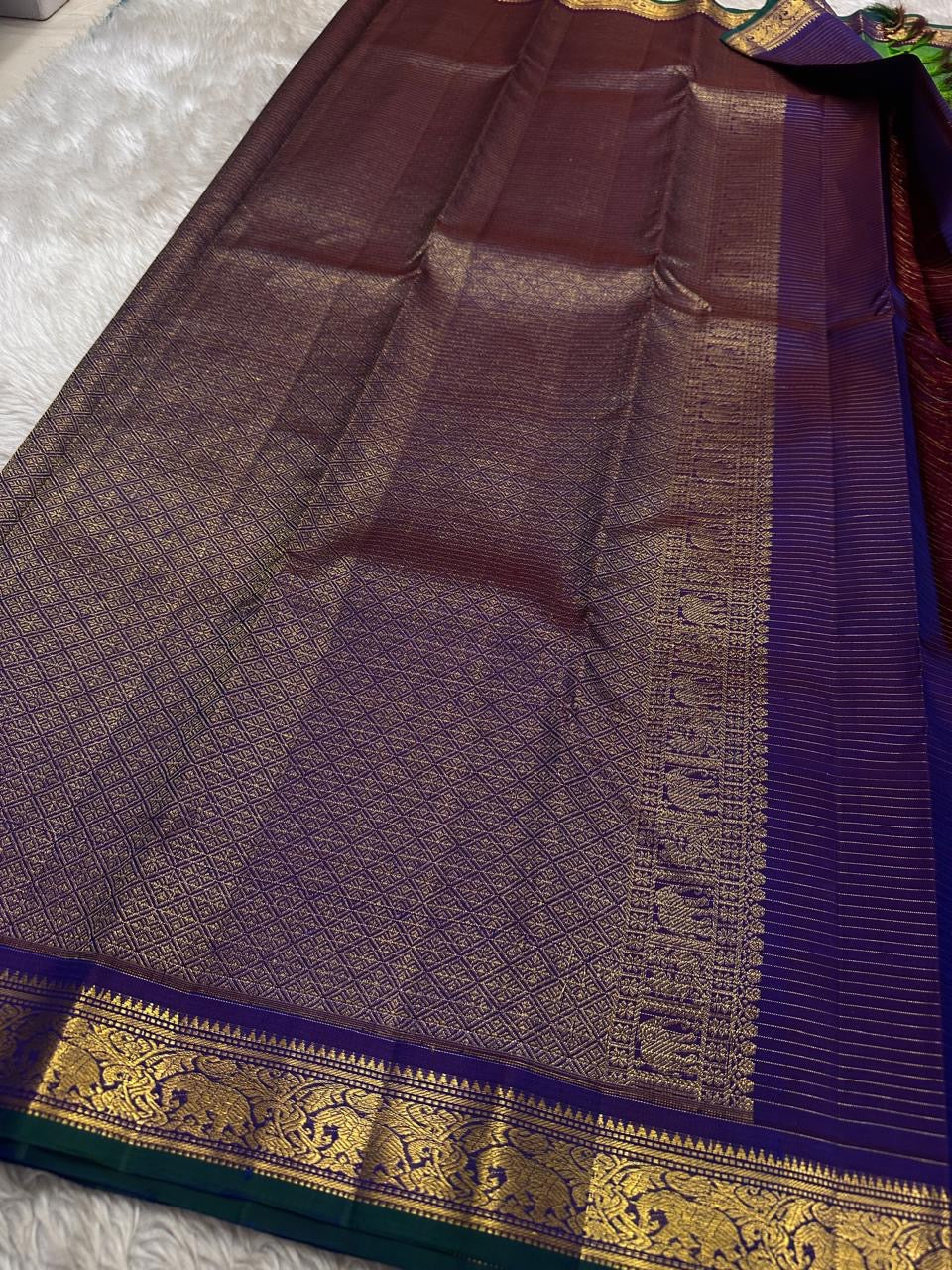 Traditional blue Kanchipuram silk saree ready to ship from New Jersey