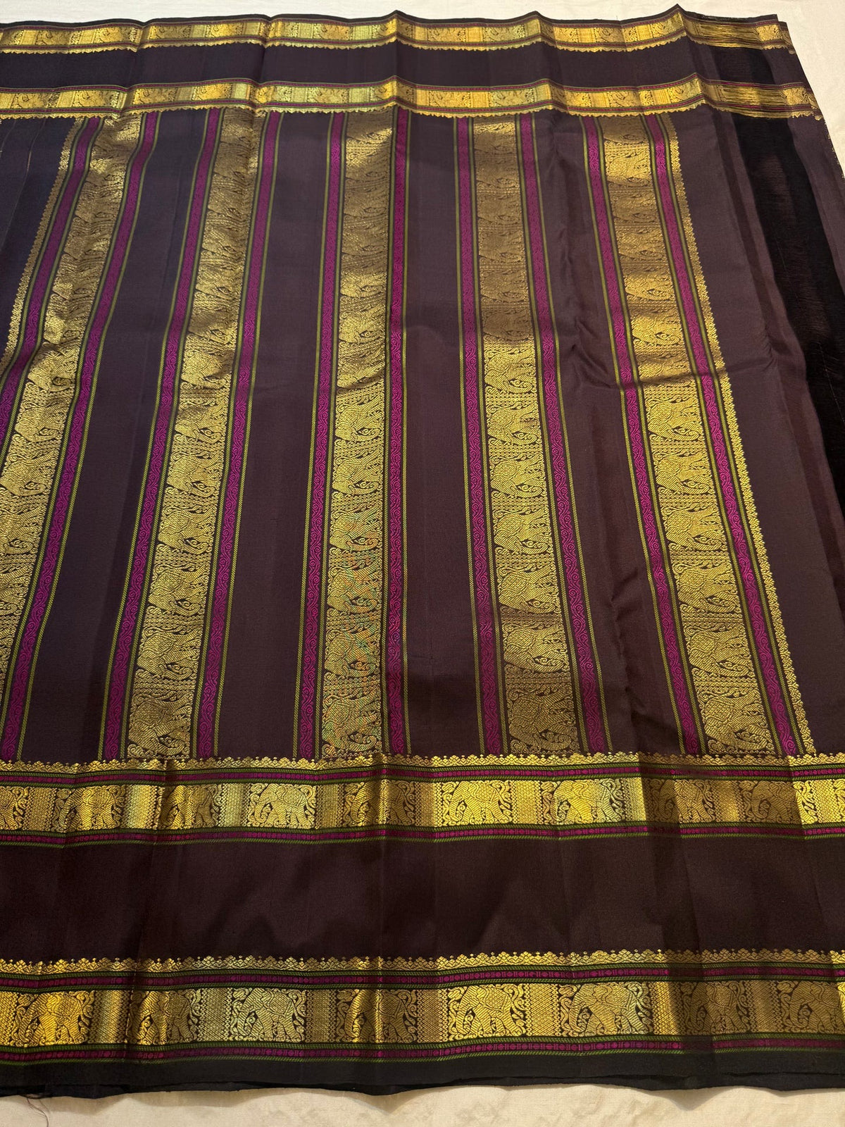 Deep Cocoa Brown Handwoven Pure Silk Kanjipuram Rettapet Saree with Surya Kamalam Gold Zari Buttas