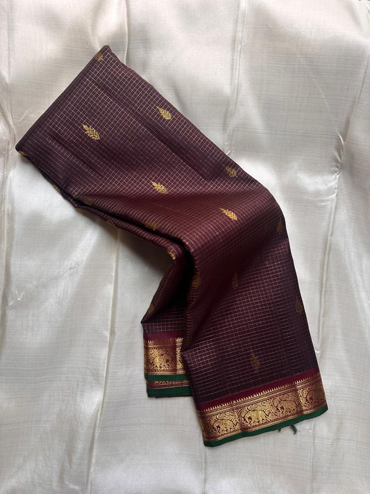 Brown Kanjivaram silk saree with traditional antique gold grid detailing