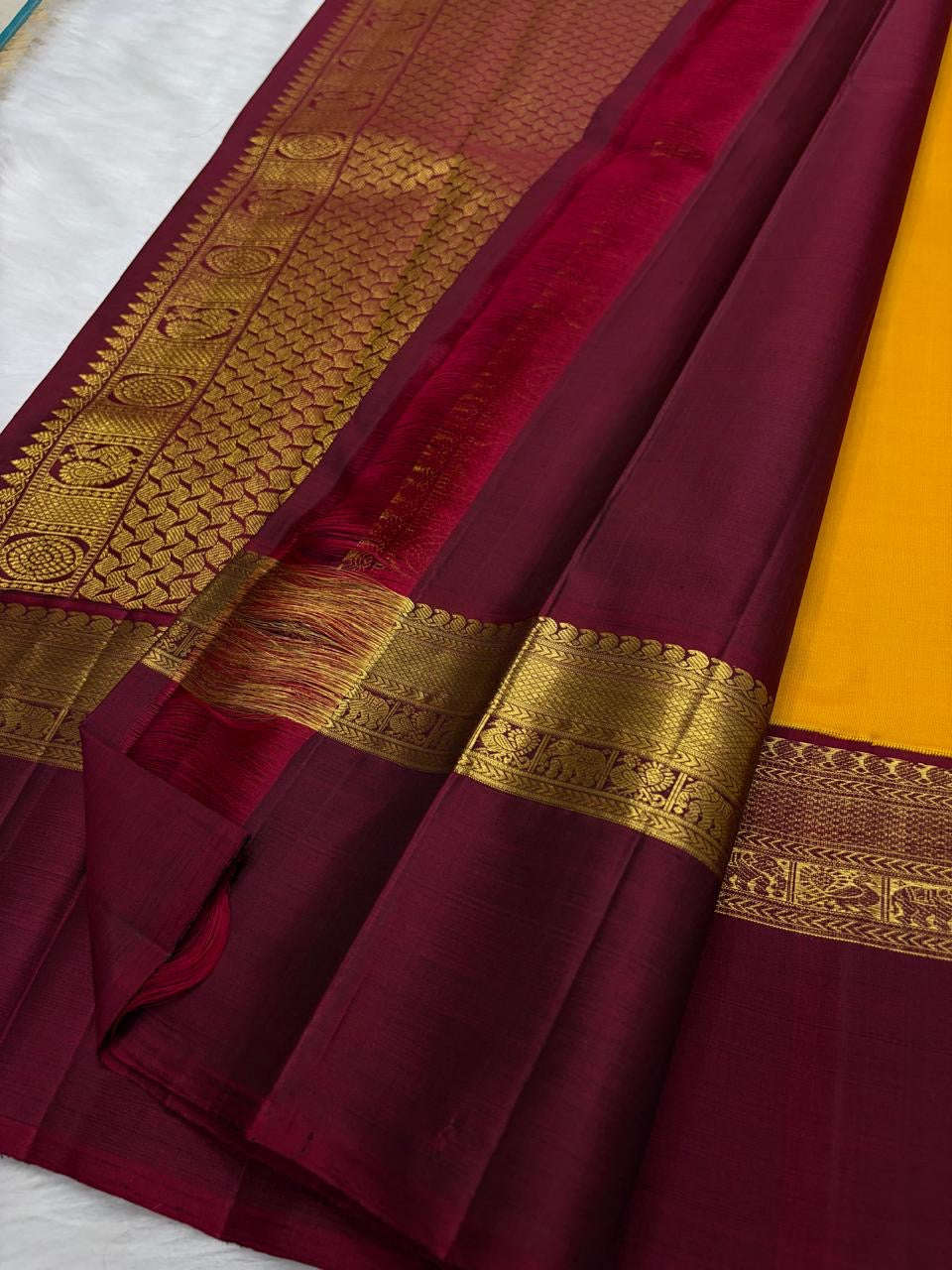 Mustard Yellow pure silk Kanchipuram saree — butta close motif detail
