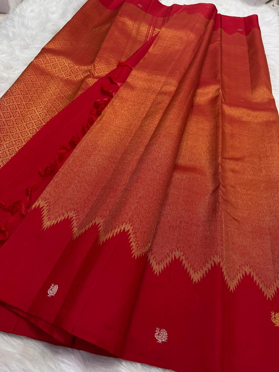 Pillar-Box Red Handwoven Pure Silk Kanchipuram Saree with Butta Gold Zari Motif
