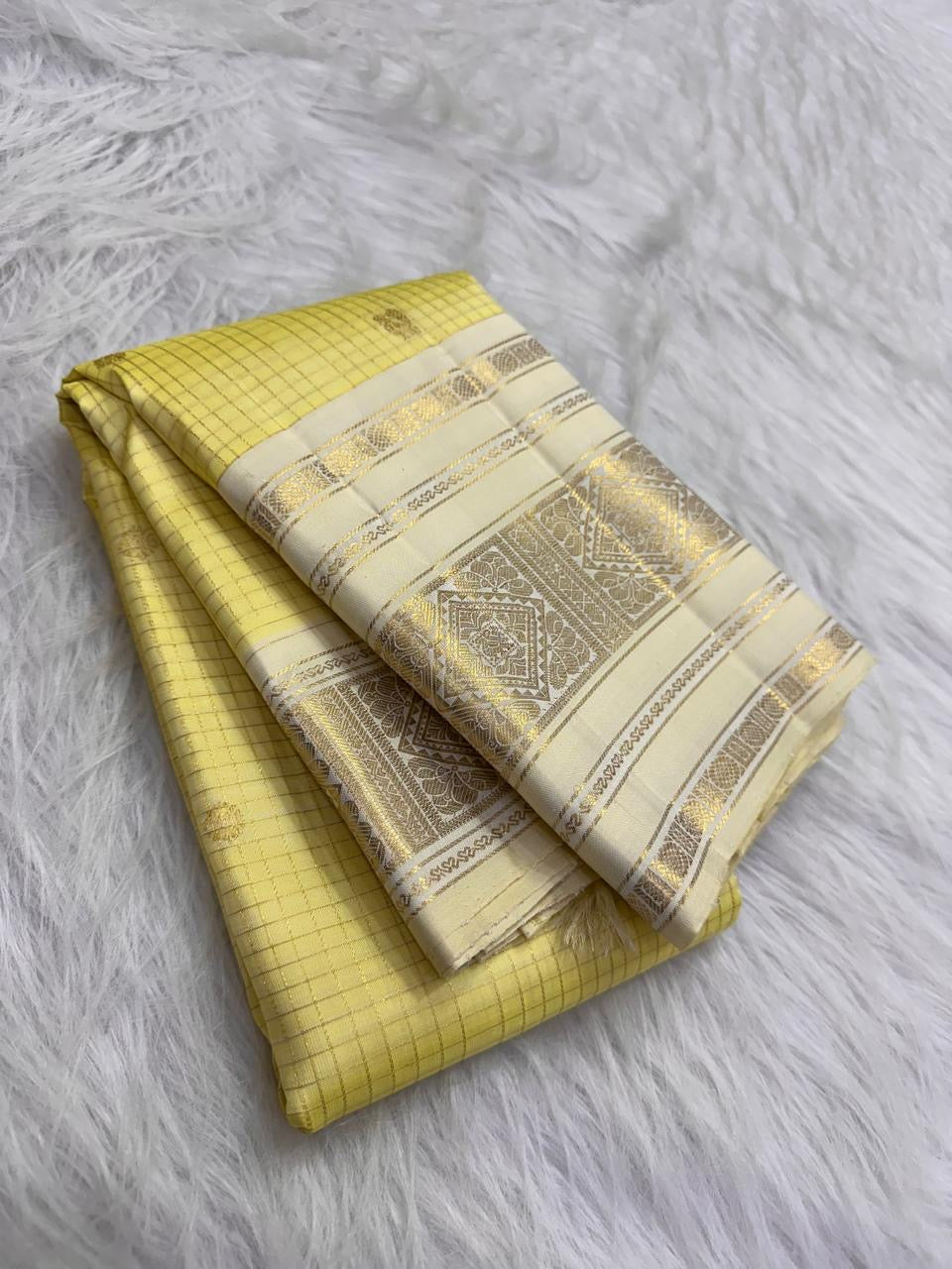Butter Yellow Handwoven Pure Silk Kanchipuram Saree with Varisaipet Weave and Ivory Gold Zari Border