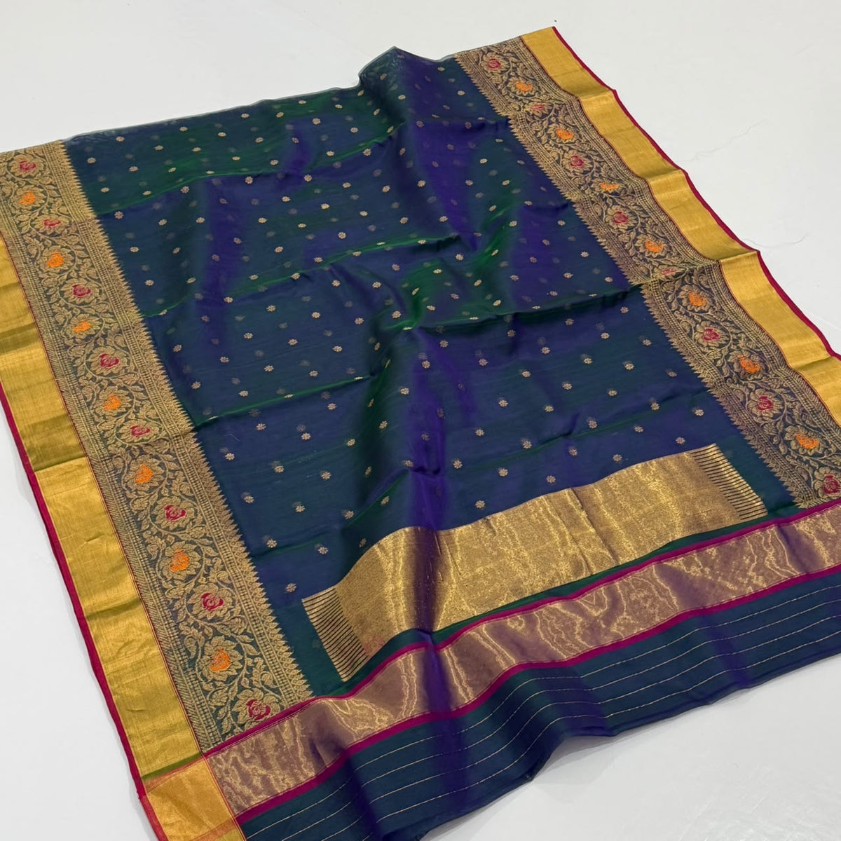 Handwoven Chanderi saree with magenta and orange floral border accents
