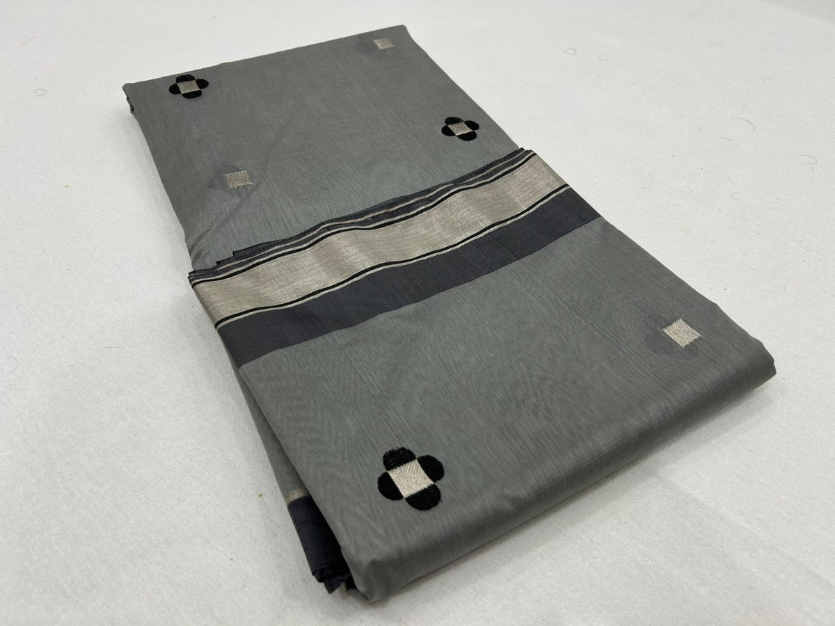 Handwoven Chanderi saree with grey body and geometric motifs
