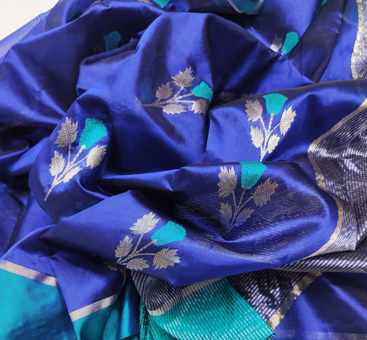 Handwoven Chanderi saree in royal blue and turquoise