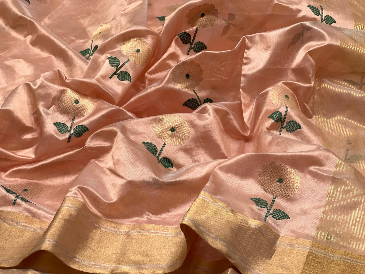 Floral butta Chanderi saree in blush peach with running blouse