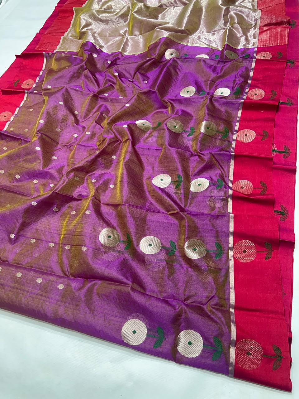 Handwoven Orchid Purple Chanderi saree with Raspberry Pink border and luminous silver pallu