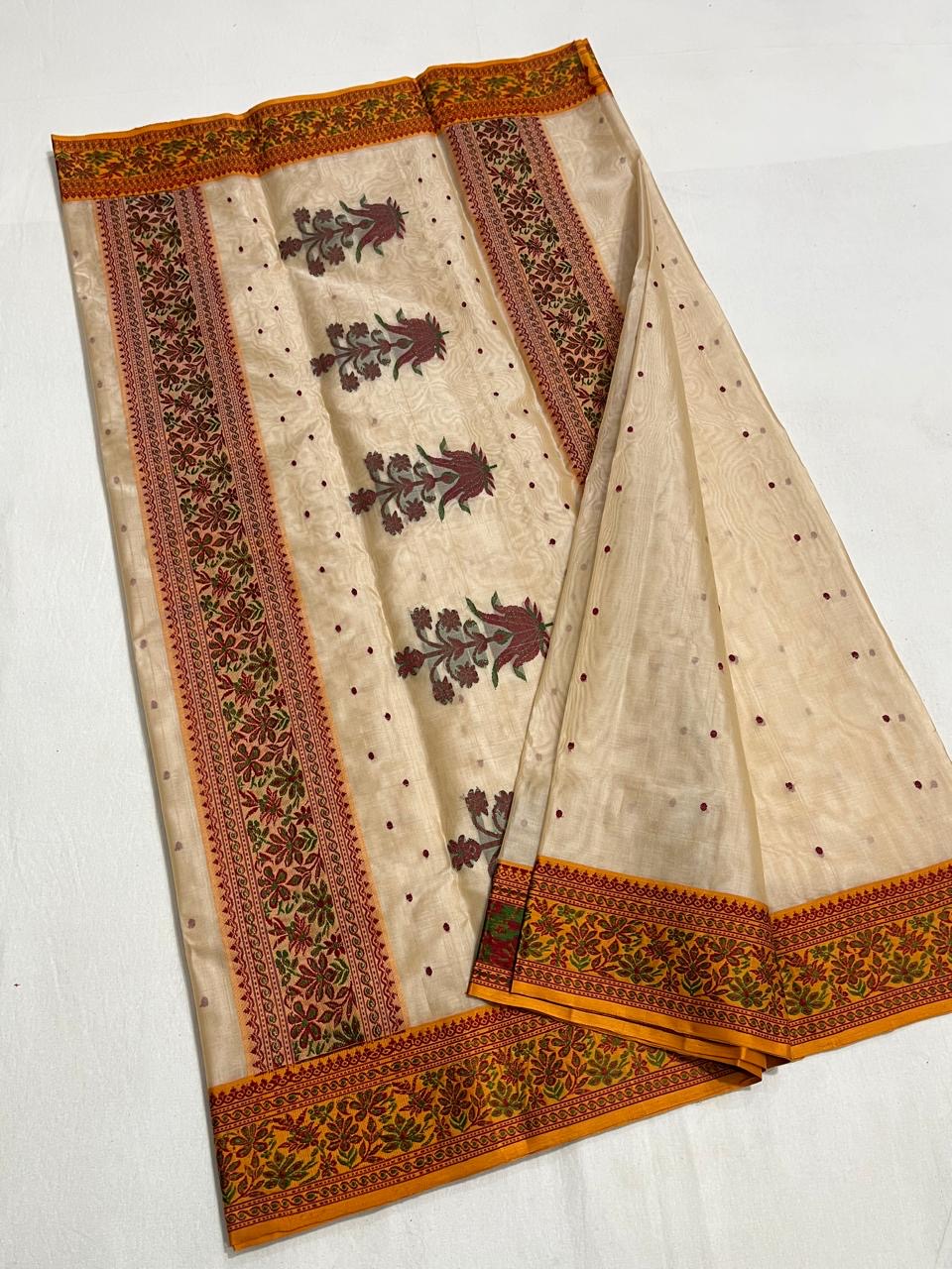 Warm Ivory Handwoven Chanderi Saree in Katan Silk with Maroon Floral Border