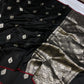 Detail of the light, airy weave on a midnight black Chanderi Pattu Silk saree