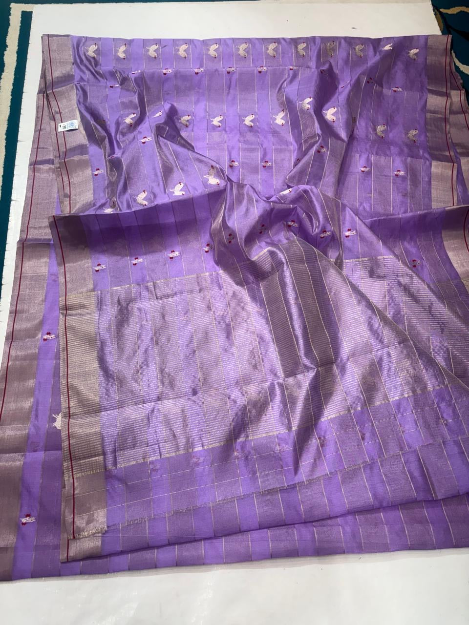 Lavender Chanderi Pattu Silk saree with ivory bird motifs, fine silver lines and luminous silver-lilac pallu