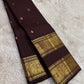 Handwoven Deep Cocoa Brown Kanchipuram saree Kamalam Mayil butta detail