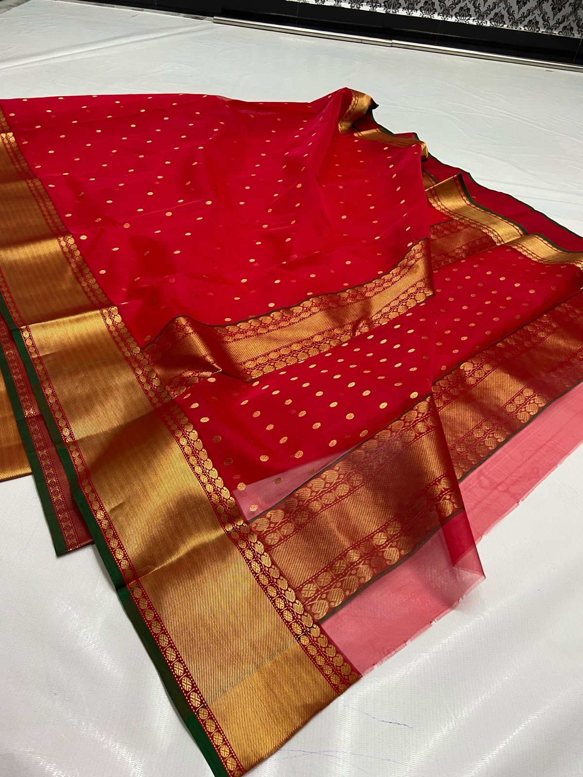 Katan Silk Chanderi saree with broad gold zari border