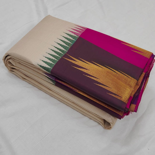 Handwoven Ettukol Kanjeevaram saree, antique gold zari border detail