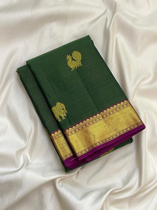 Forest green handwoven Pure Silk Kanjivaram Vairaoosi saree with gold zari border