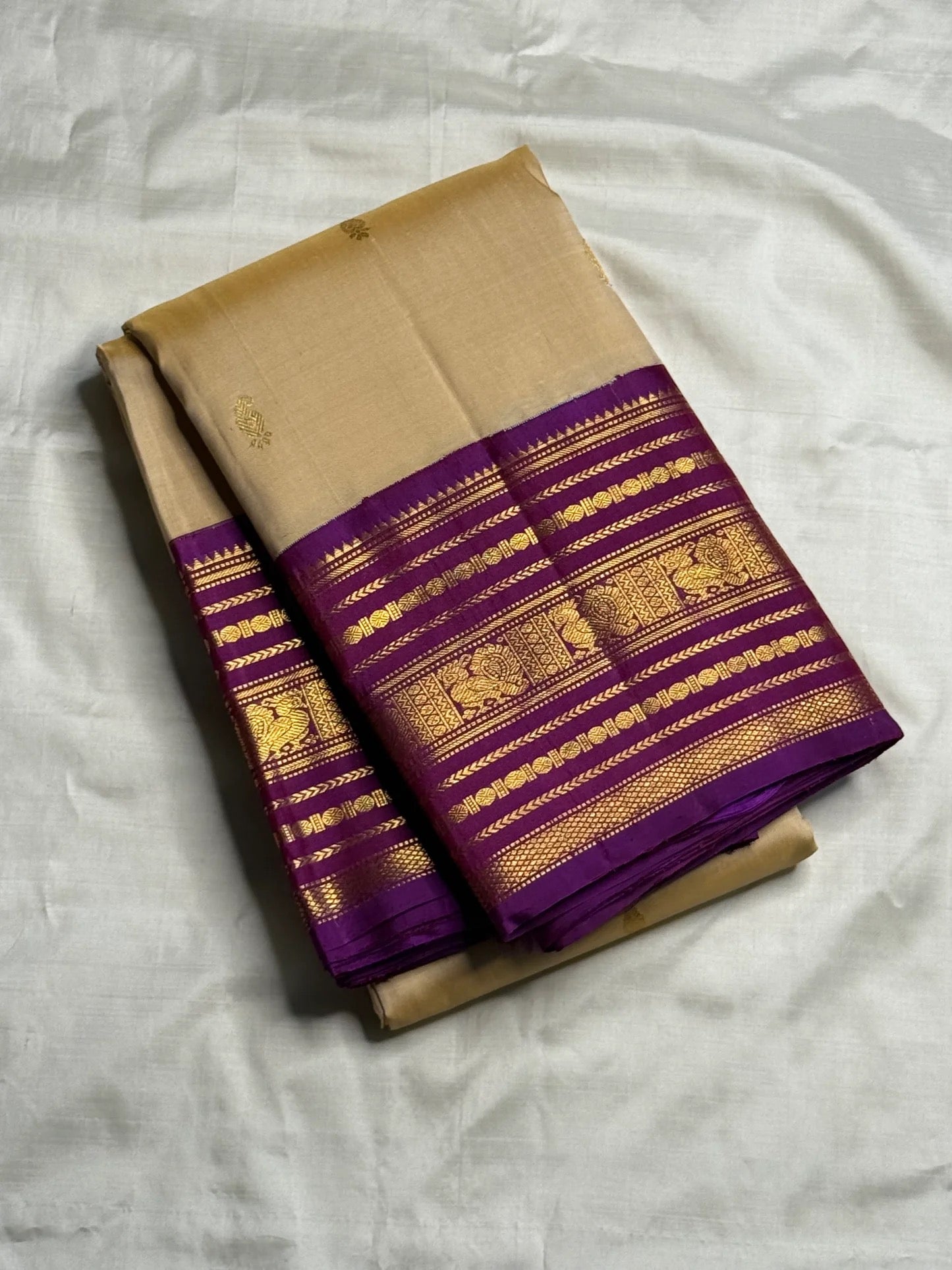 Gold and Purple Handwoven Pure Silk Kanchipuram Saree with Varisaipet Peacock Border