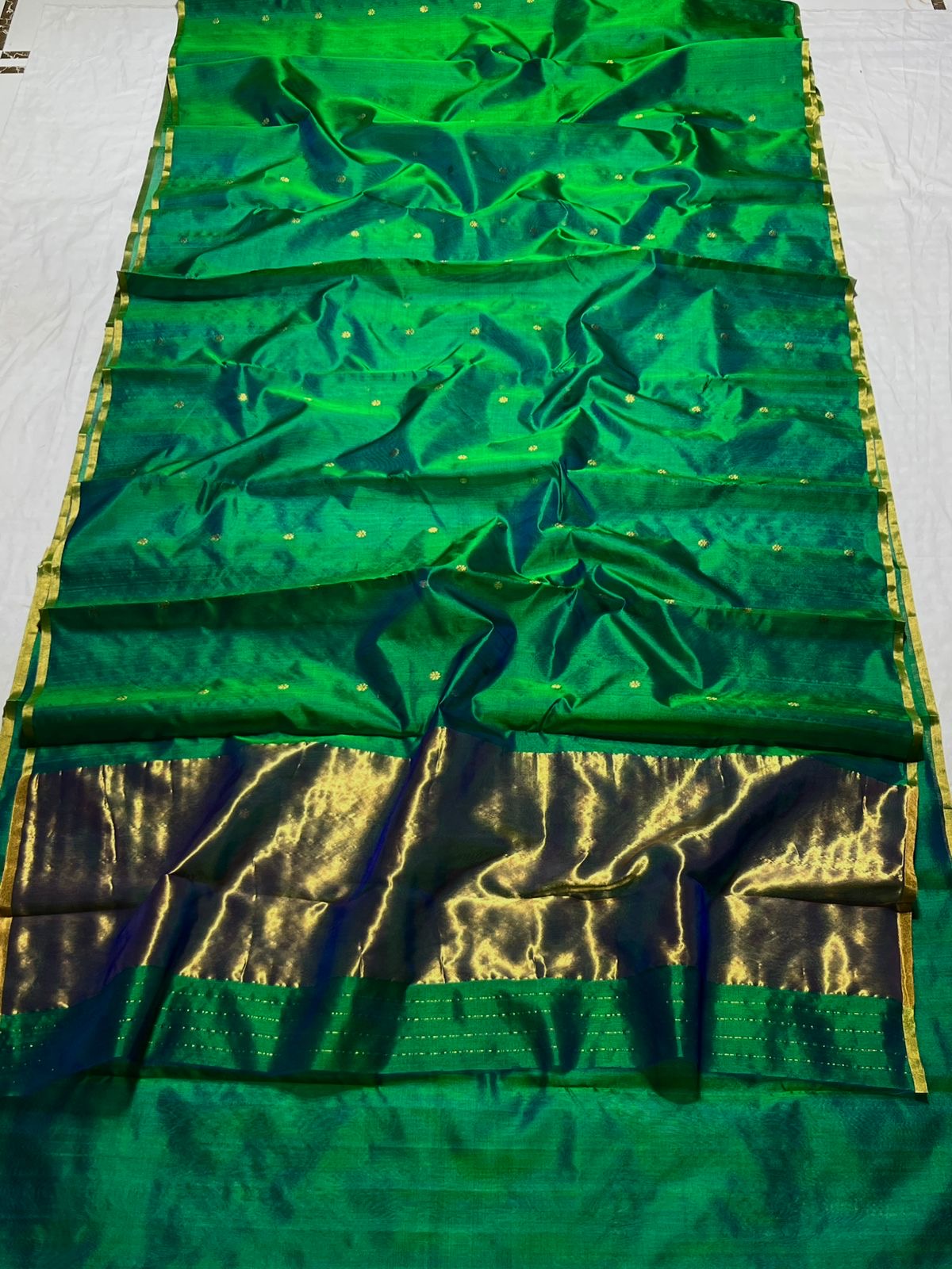 Luminous green and peacock blue Chanderi silk saree with traditional zari detailing