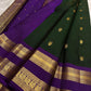 Handwoven green Kanchipattu silk saree with royal violet rettapet border Idam Living