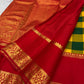 Green and Yellow pure silk Kanjipuram saree, Kanchi Kattam weave with Pillar-Box Red border — body weave close-up