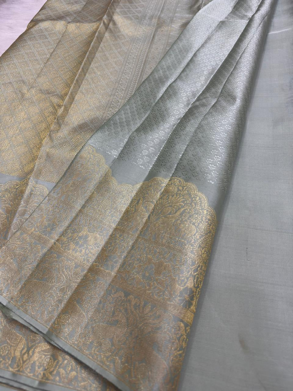 Handwoven grey Kanjipuram pure silk saree, Idam Living