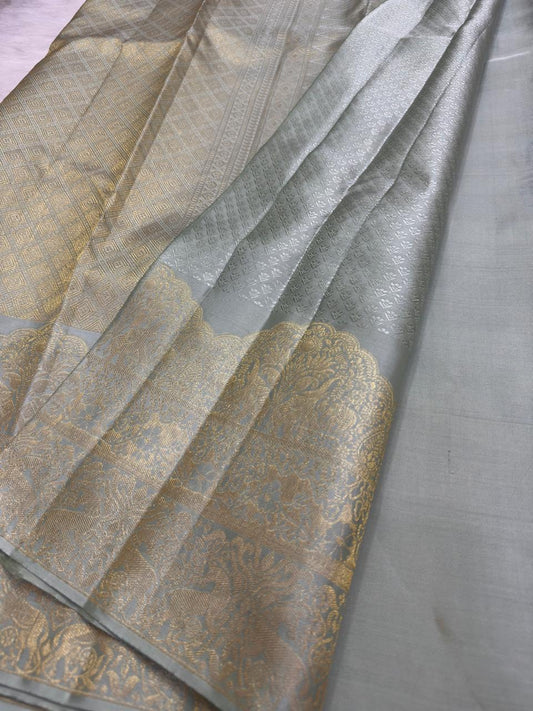 Handwoven grey Kanjipuram pure silk saree, Idam Living