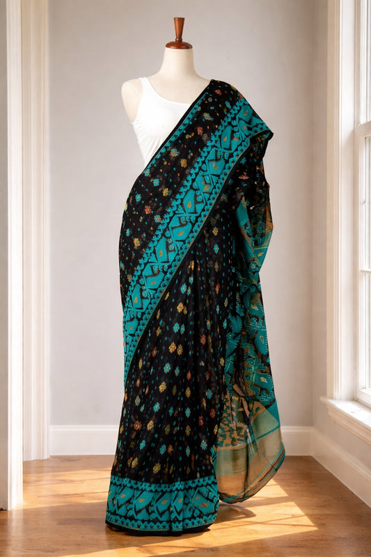 Black Jamdani Cotton Silk Saree With Teal Border And Multicolour Buttas