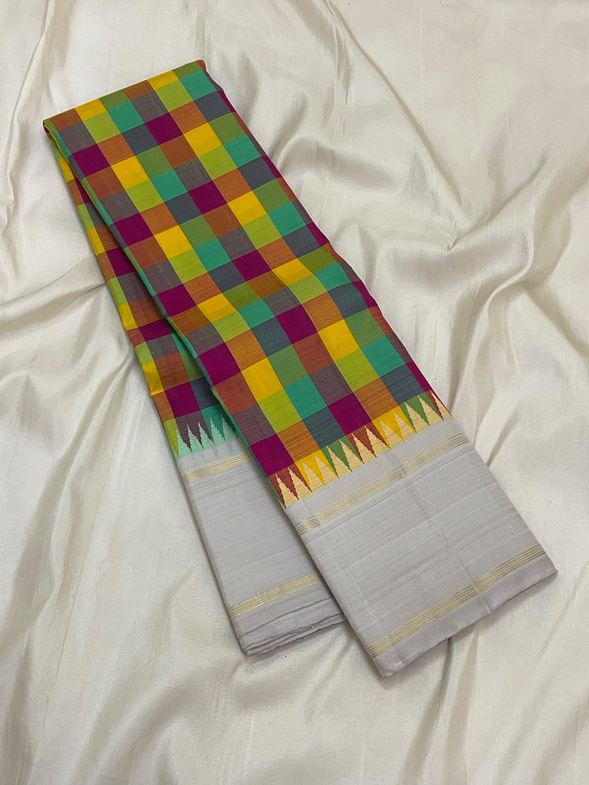 Multicolour Jewel Box Checks Handwoven Pure Silk Kanjeevaram Saree with Ivory Rettapet Border, woven motif and zari detail