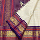 Warm Ivory Handwoven Pure Silk Kanchipuram Saree with Purple Border and Veldhari Detail, silk body close-up
