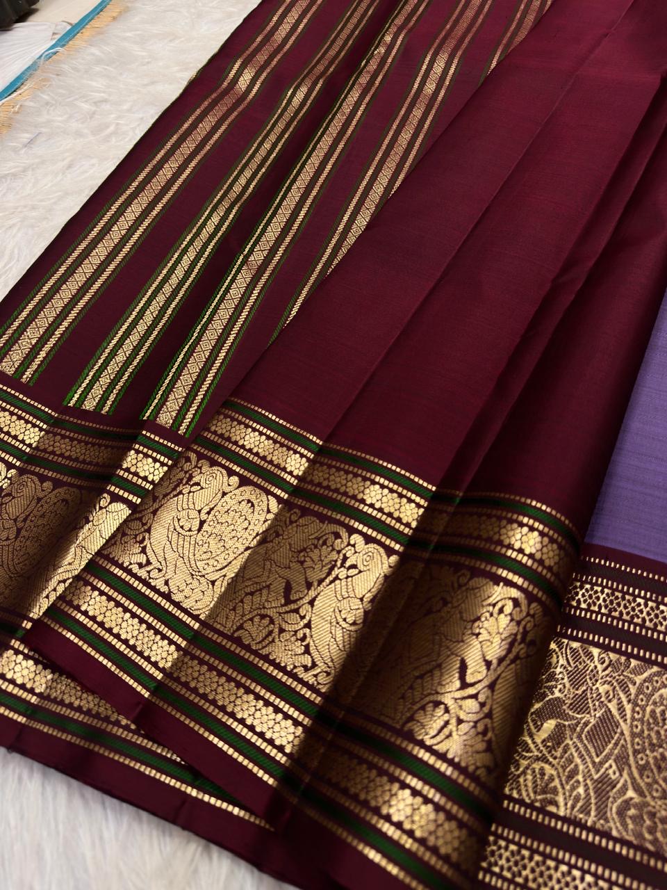Kathiripoo Purple and Arakku pure silk Kanchipuram Butta saree, view 3