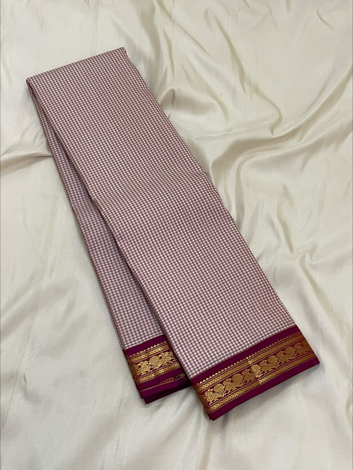Red and Ivory Handwoven Pure Silk Kanchipuram Saree with Mini Kattam and Arakku Border, silk body close-up