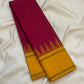 Canary yellow pallu of deep arakku red Kancheepuram pure silk saree with Thazhampoo Reku silk thread cascade