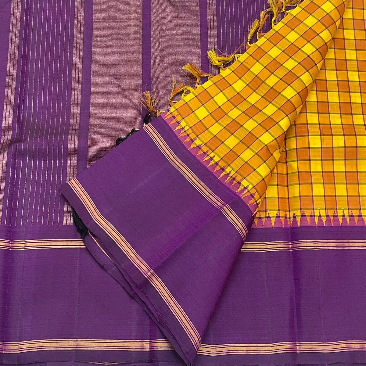 Turmeric Yellow Handwoven Pure Silk Kanchipuram Saree with Kanchi Kattam and Purple Rettapet Border, silk body close-up