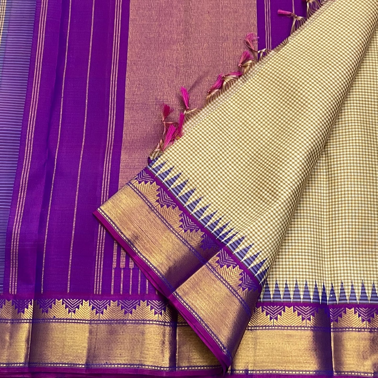 Handwoven Kanchi Kattam saree in warm ivory taupe, folded view