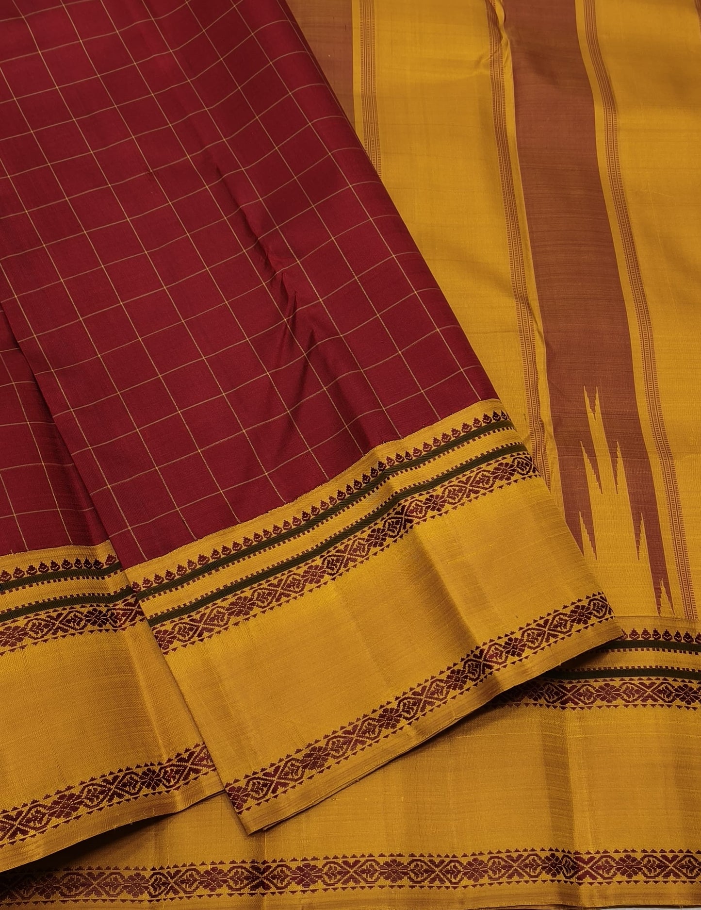 Traditional Kanchi Pattu silk saree with antique mustard border and no zari handwoven finish