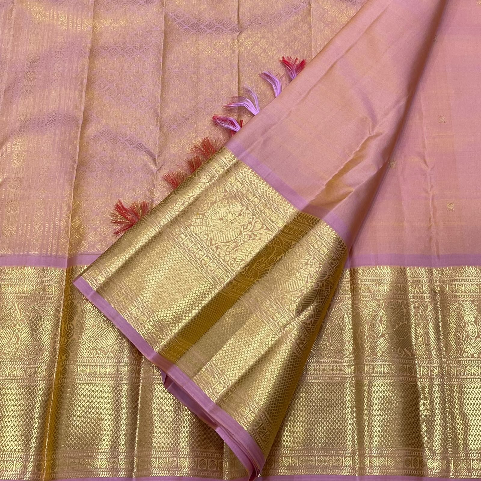 Handwoven Kanchipuram Butta Blush Peach pure silk saree, full drape