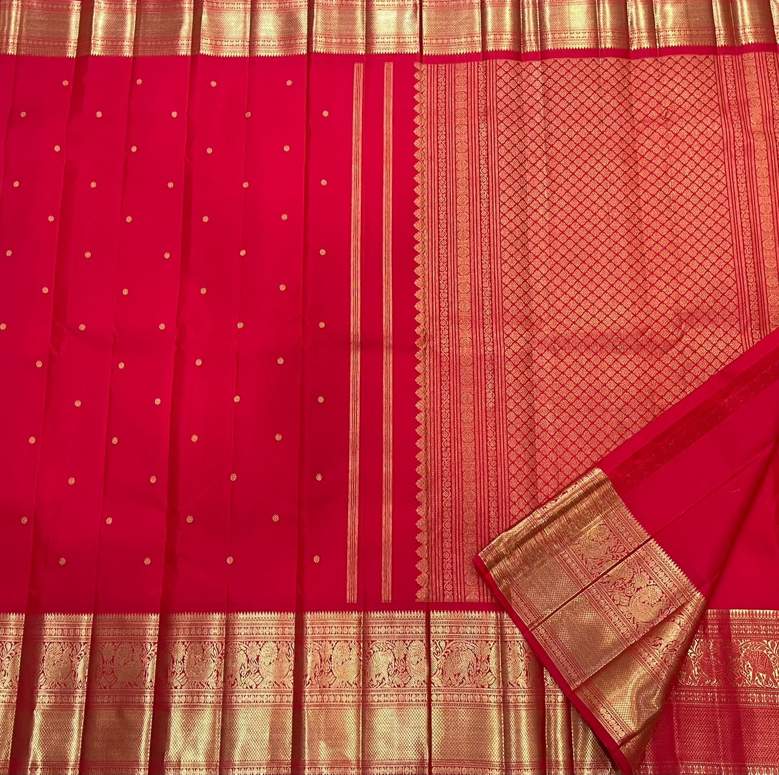 Handwoven Kanchipuram Butta Vermilion Red pure silk saree, full drape