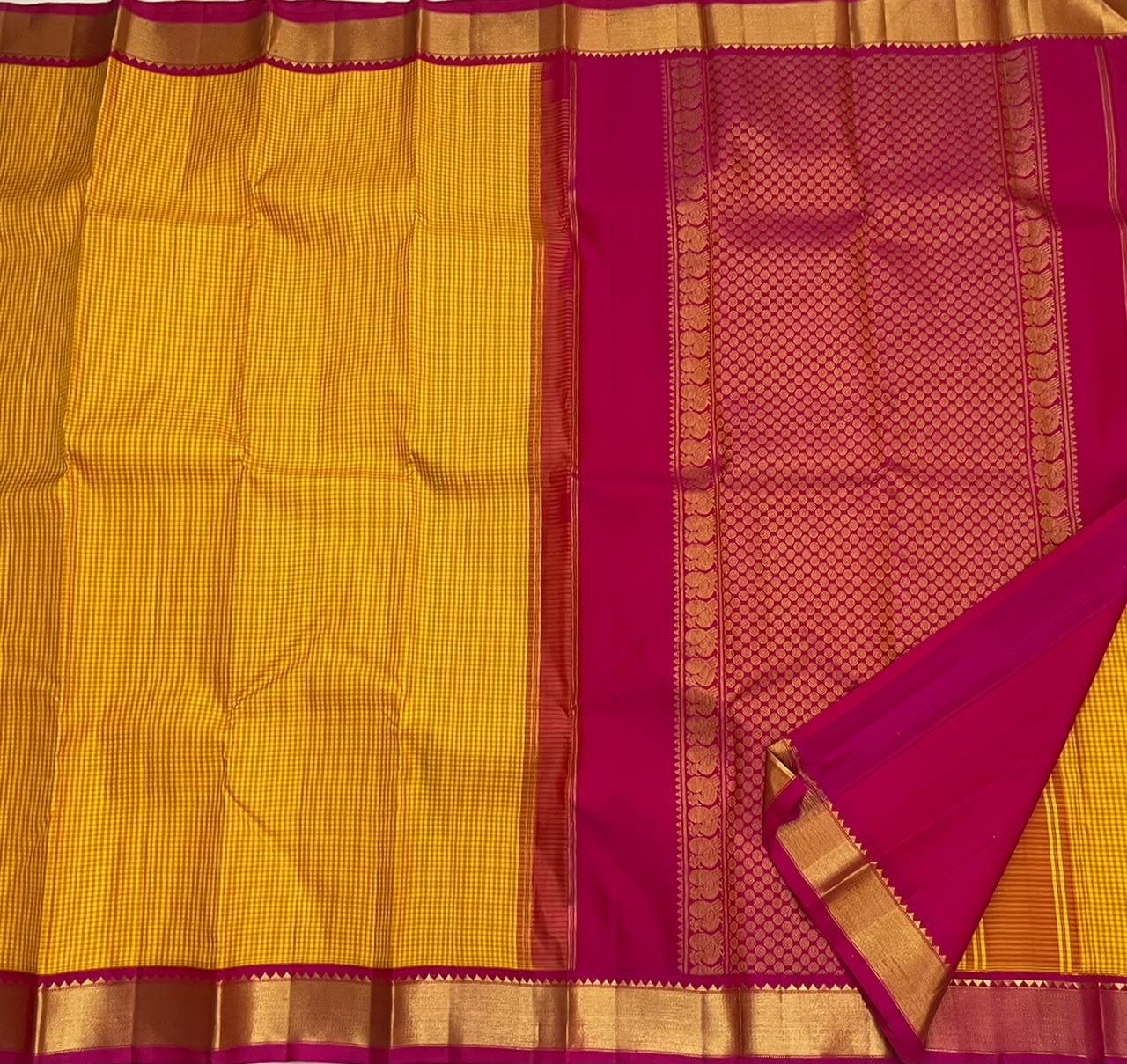 Mustard Gold Handwoven Pure Silk Kancheepuram Saree with Kanchi Kattam Weave