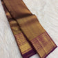 Handwoven Deep Plum Bronze Kanchipuram silk saree, pallu detail, diagonal-looking zari lines