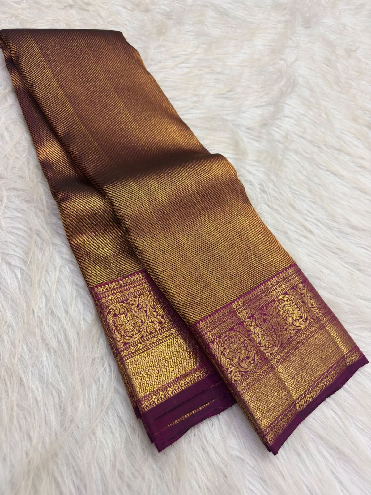 Handwoven Deep Plum Bronze Kanchipuram silk saree, pallu detail, diagonal-looking zari lines